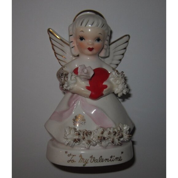 Napco February Angel Girl Heart Figurine To My Valentine Rose VTG Japan A1362/V - Picture 1 of 3